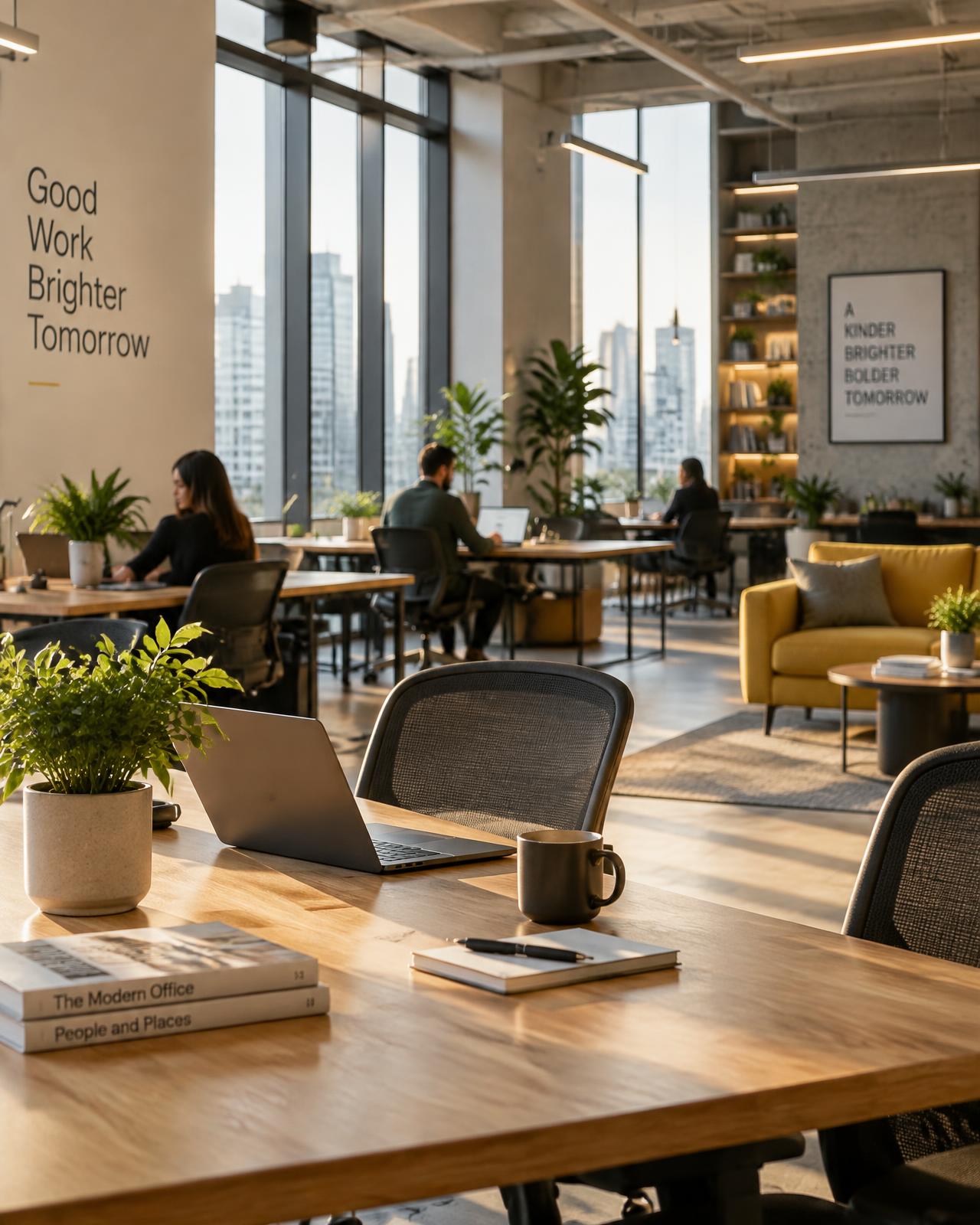 Ambiente de trabalho compartilhado da Base 44, com estações, poltronas e luz natural